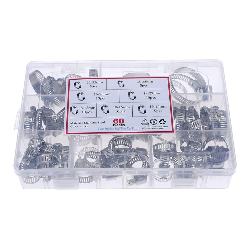 60Pcs Fuel Injection Hose Line Clamp Stainless Steel Adjustable Worm Gear Clamp Assortment Kit