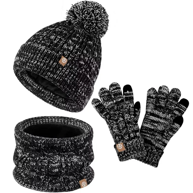 Wärme Hut Handschuhe Schal Set für Kinder 5-12 Jahre 3 in 1 Winter Strick Set Hut Schal Handschuhe Combo Fleece Futter Pom-Poms Mütze