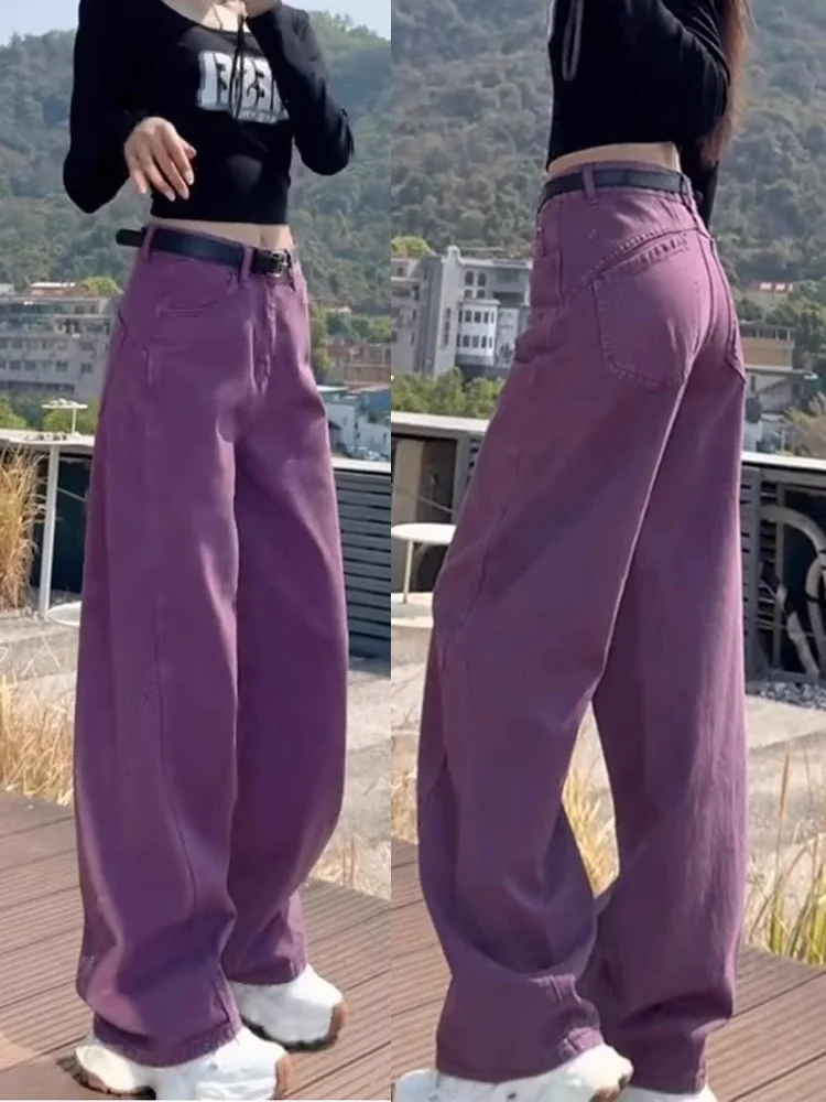

American Sle Vintage Purple Wide Leg Jeans Women's Spring Autumn New Large Size Fat MM Match Loose Slim Straight Pants