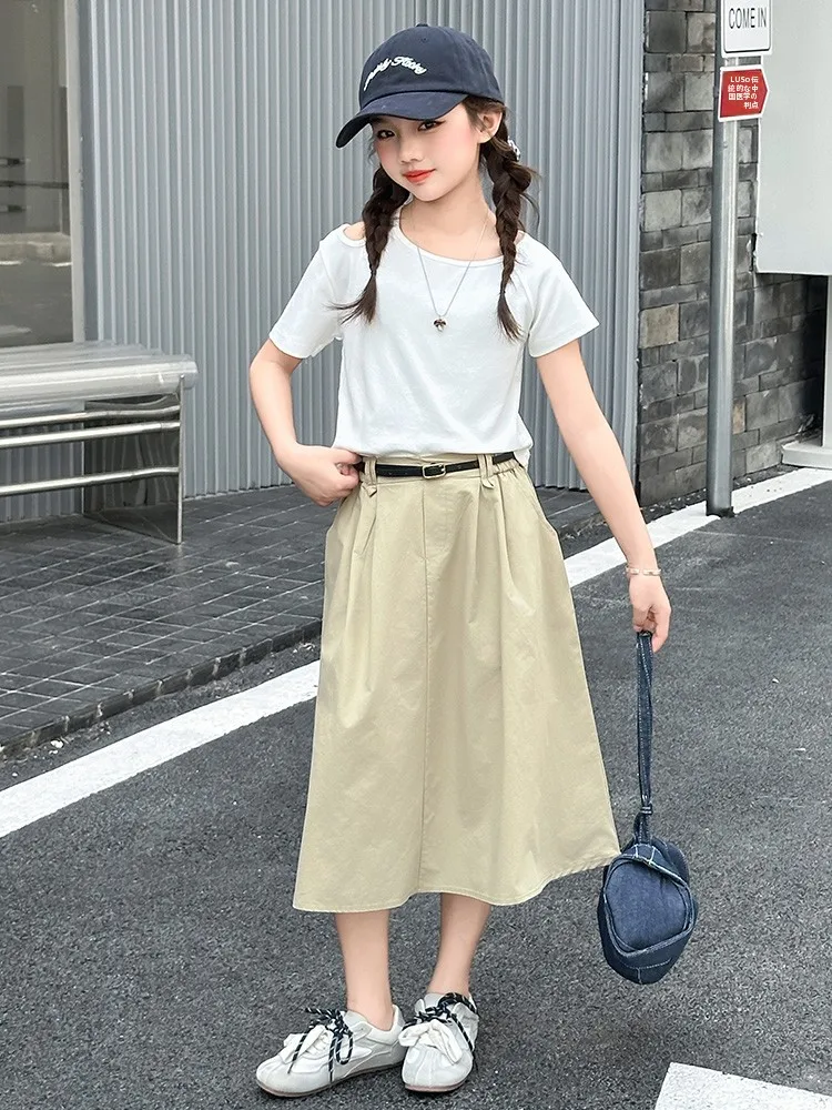 Conjunto de saia curta de verão para meninas, vestido de manga curta, conjunto de duas peças, estilo coreano, roupa de verão para crianças médias e gr