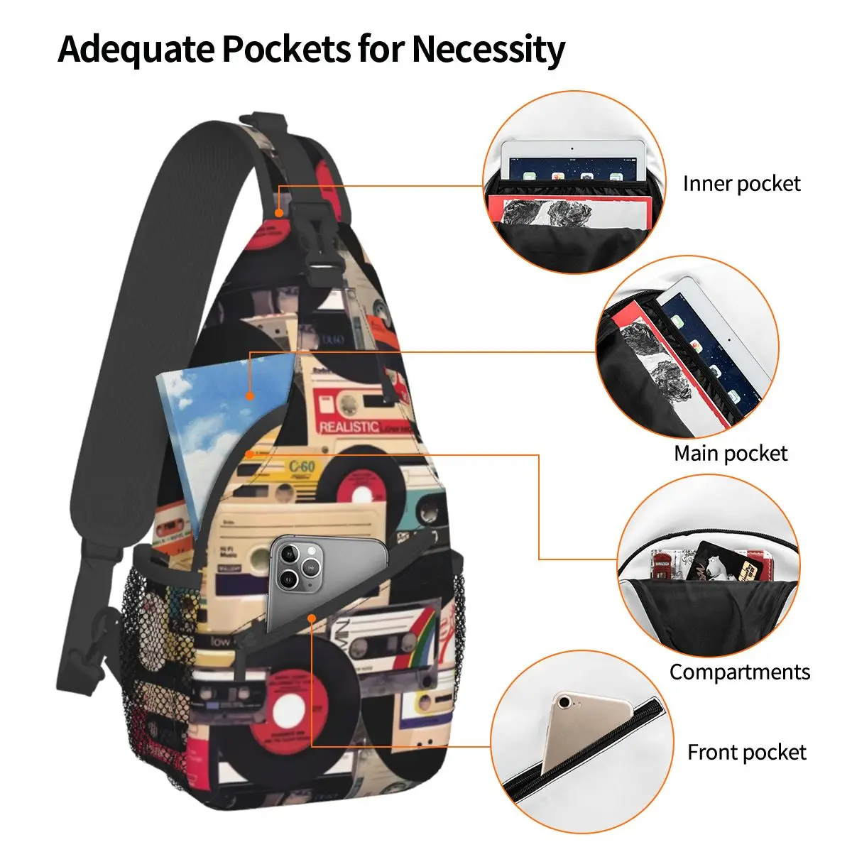 Cassette Tape And Vinyls Crossbody Sling Bags Casual Chest Bag Vintage Walkman Shoulder Backpack Daypack Hiking Outdoor Cycling