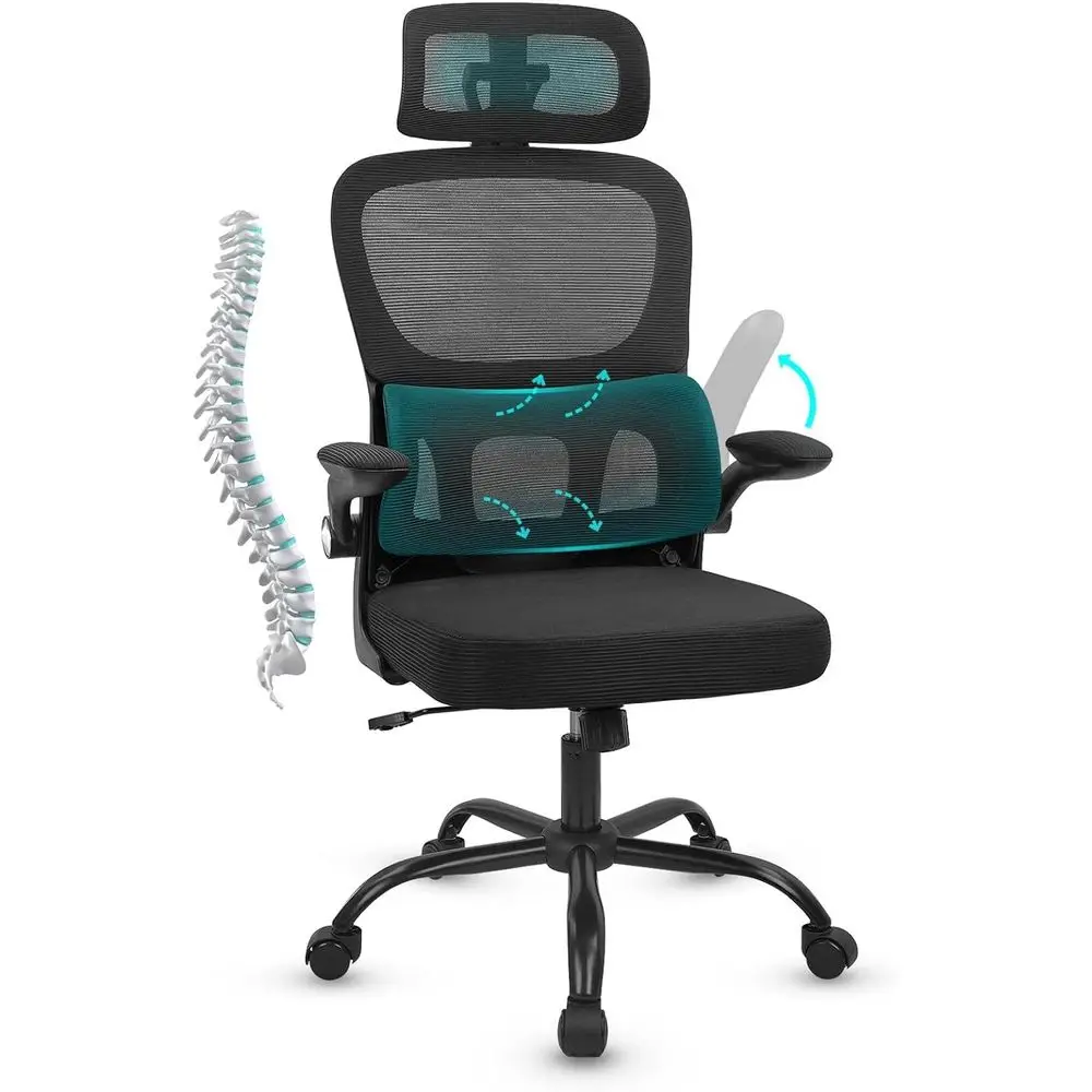 

Adjustable Ergonomic Office Chair with Lumbar Support, Flip-Up Arms, High Back, Swivel Mesh, Rolling for Computer Use, Black