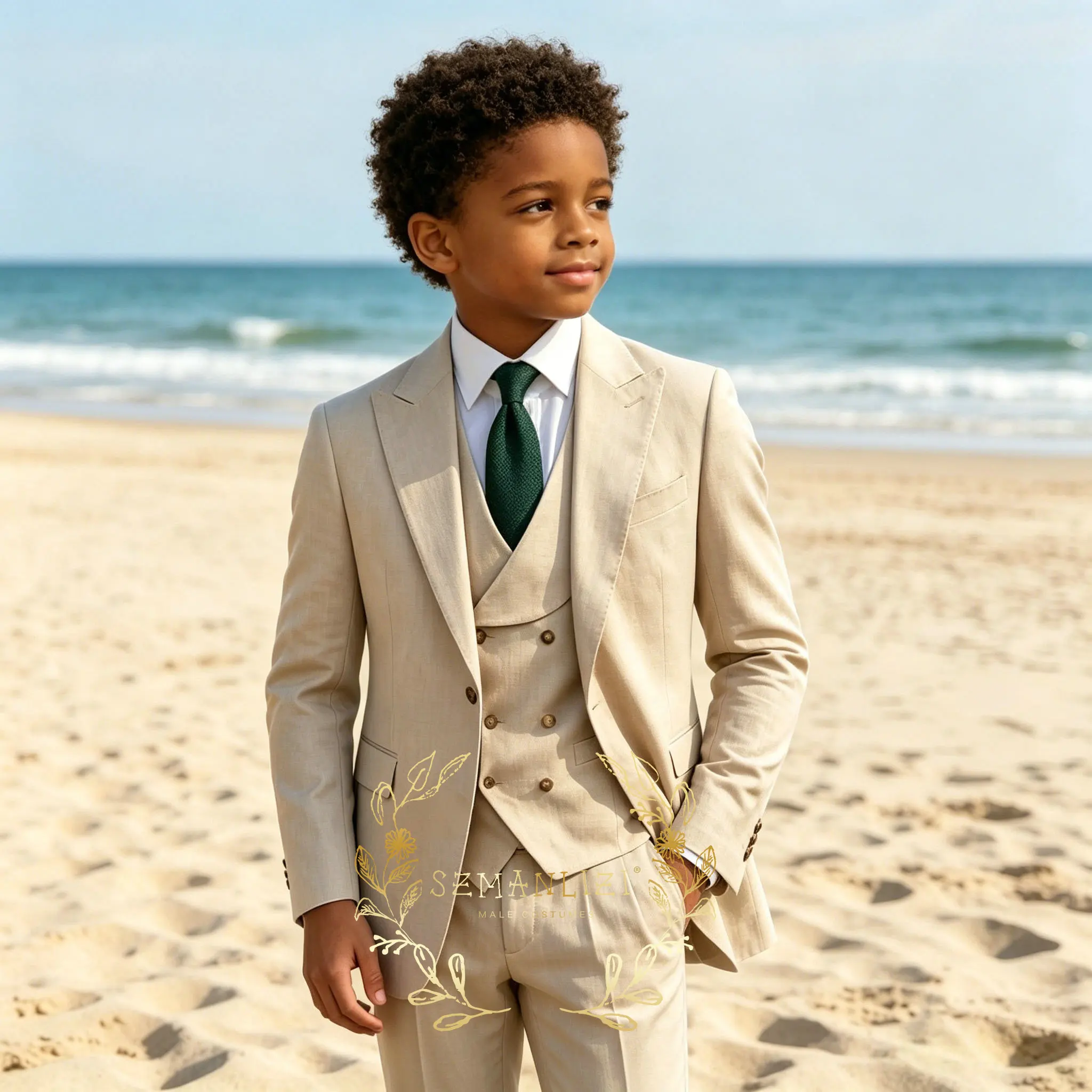 

Casual Beige Linen Suits for Boy 3 Pieces Blazer Vest Pants Set Peaked Lapel Kids Suit Wedding Summer Beach Prom Party Tuxedos