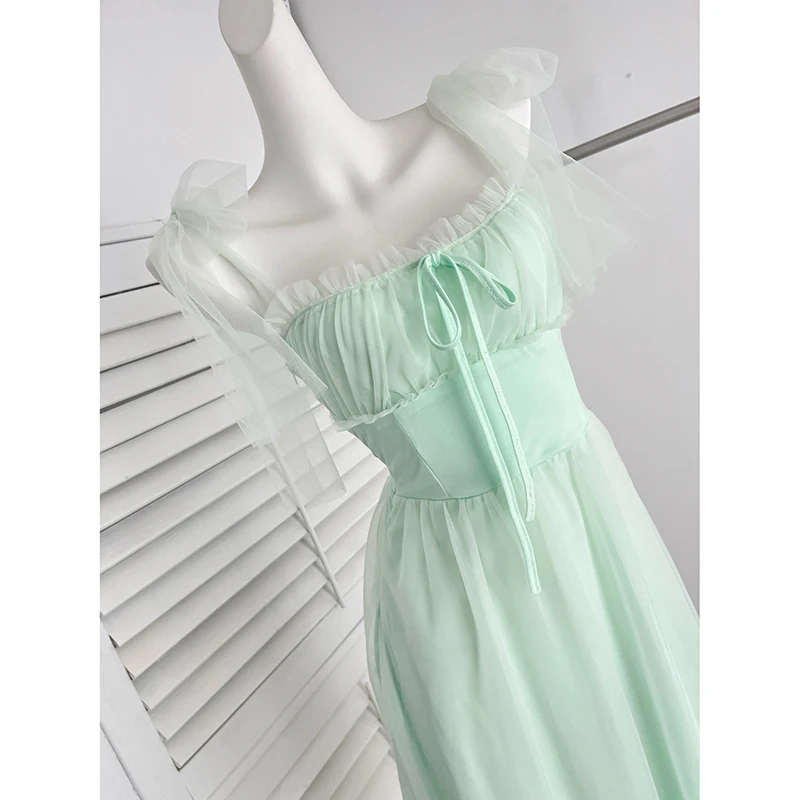 Vestido camisola de malla verde para mujer, vestido largo de tirantes finos para vacaciones en la playa, moda coreana, Vestidos femeninos Harajuku dulces