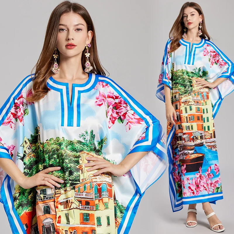 New Summer Holiday House Flower Long Dress Oversize Loose Bohemian Women\'s O-Neck Batwing Sleeve Split Holiday Maxi Robe Female