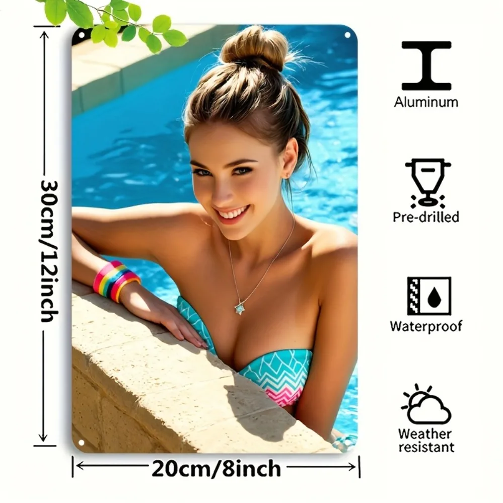 Vintage Metal Tin Sign Lady Poolside 8x12in Retro Art Deco Home Wall Decor