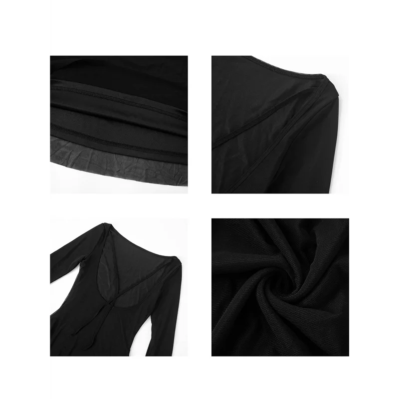 ABRT-Mini vestido de manga larga para mujer, cuello barco, malla, manga acampanada, lazo en la espalda, transparente, sin espalda, ajustado, corto Y2k