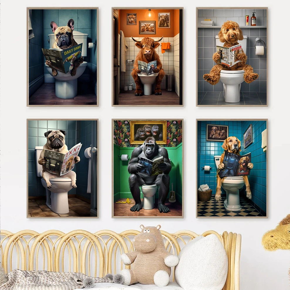 Cute and Funny Dogs cows chimpanzees Poster Cow on a Toilet Canvas Painting Bath and Prints Wall Art Home Bathroom Decor