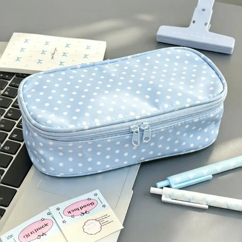 Ins‑Style Cream‑Color Polka‑Dot Pencil Case, Multifunctional Large‑Capacity Stationery Pouch, Practical Back‑to‑School Gift