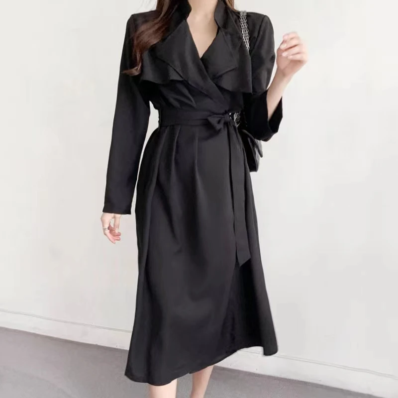 Fashion 2023 Korean Elegant Chic Ruffles Long Dress Women Spring Summer Long Sleeve Lace Up Bow Sashes Stylisk Woekwear Clothing