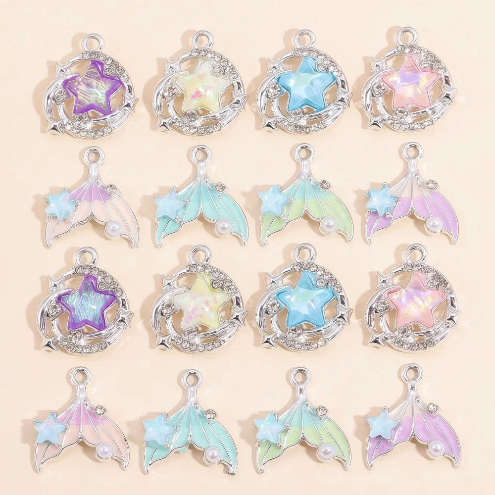 10Pcs Mix Silver Color Delicate Crystal Stars Scallops Fishtail Pendants For Making Necklaces Earrings DIY Crafts Jewelry Access