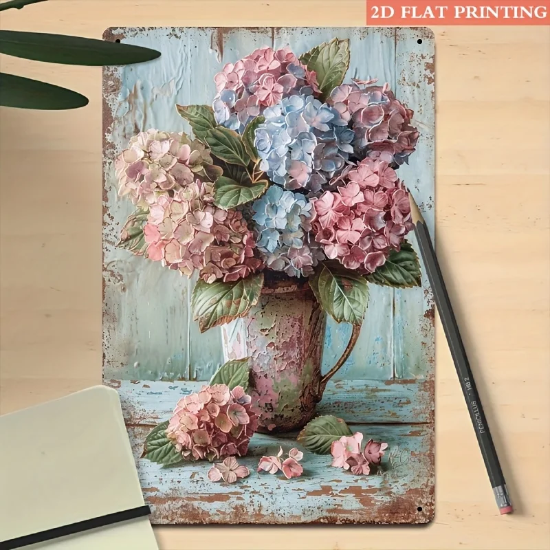 2D Flat, 2D Flat H Hydrangea Metal Tin Sign, Suitable for Living Room, Garden, Spring Decoration and Floral Theme Home