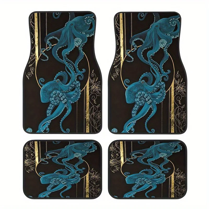 4pcs Octopus Car Floor Mats - Synthetic Rubber, Easy To Clean, Pet-Friendly, Stylish Black & Golden Design For Front & Rear Vehi