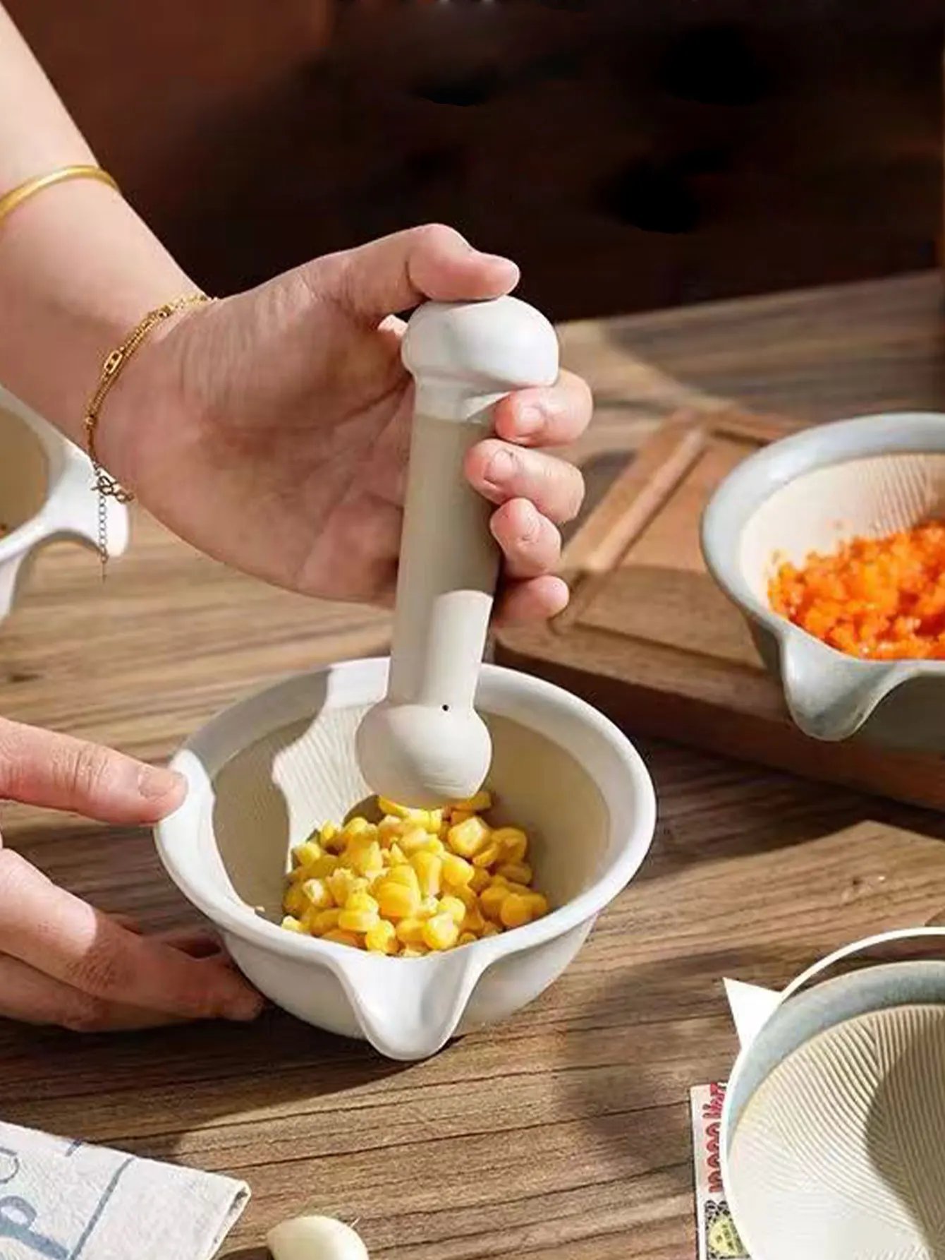 Ceramic Grinding Bowl Baby Food Grinder Rice Paste Crusher Household Garlic Mortar Set 2Pcs
