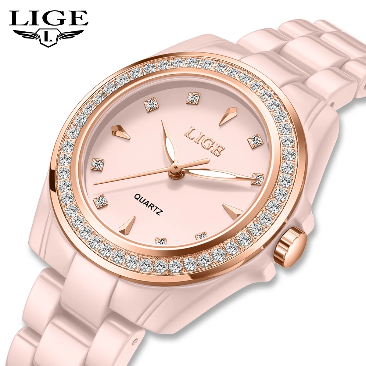 

LIGE luxury Women's Watch luminous ceramic ladies watch pink elegant fashion waterproof quartz vintage clock Watch for Women+BOX