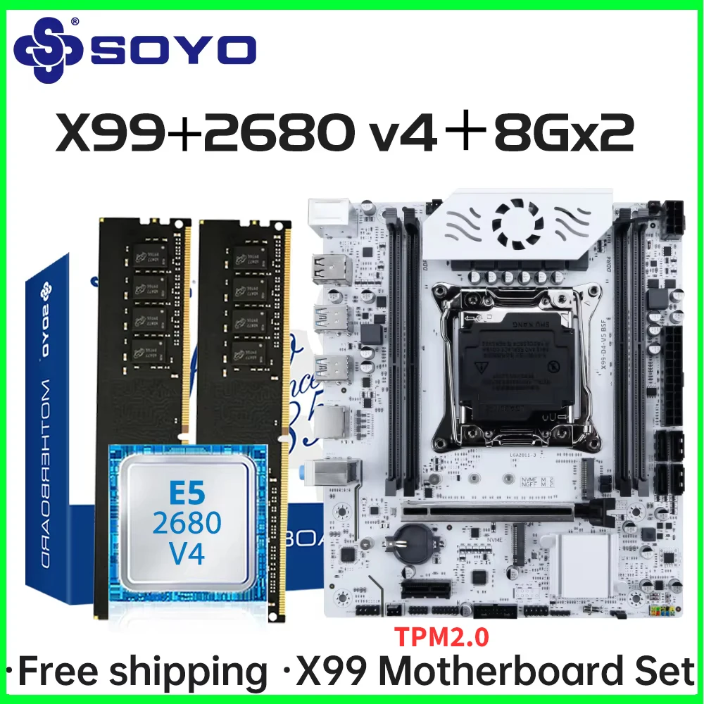 Conjunto de placa-mãe para jogos SOYO X99 C612chip com CPU Intel Xeon E5 2680 V4 e DDR4 ECC 8Gx2 2133MHz RAM M.2 NVME para PC desktop