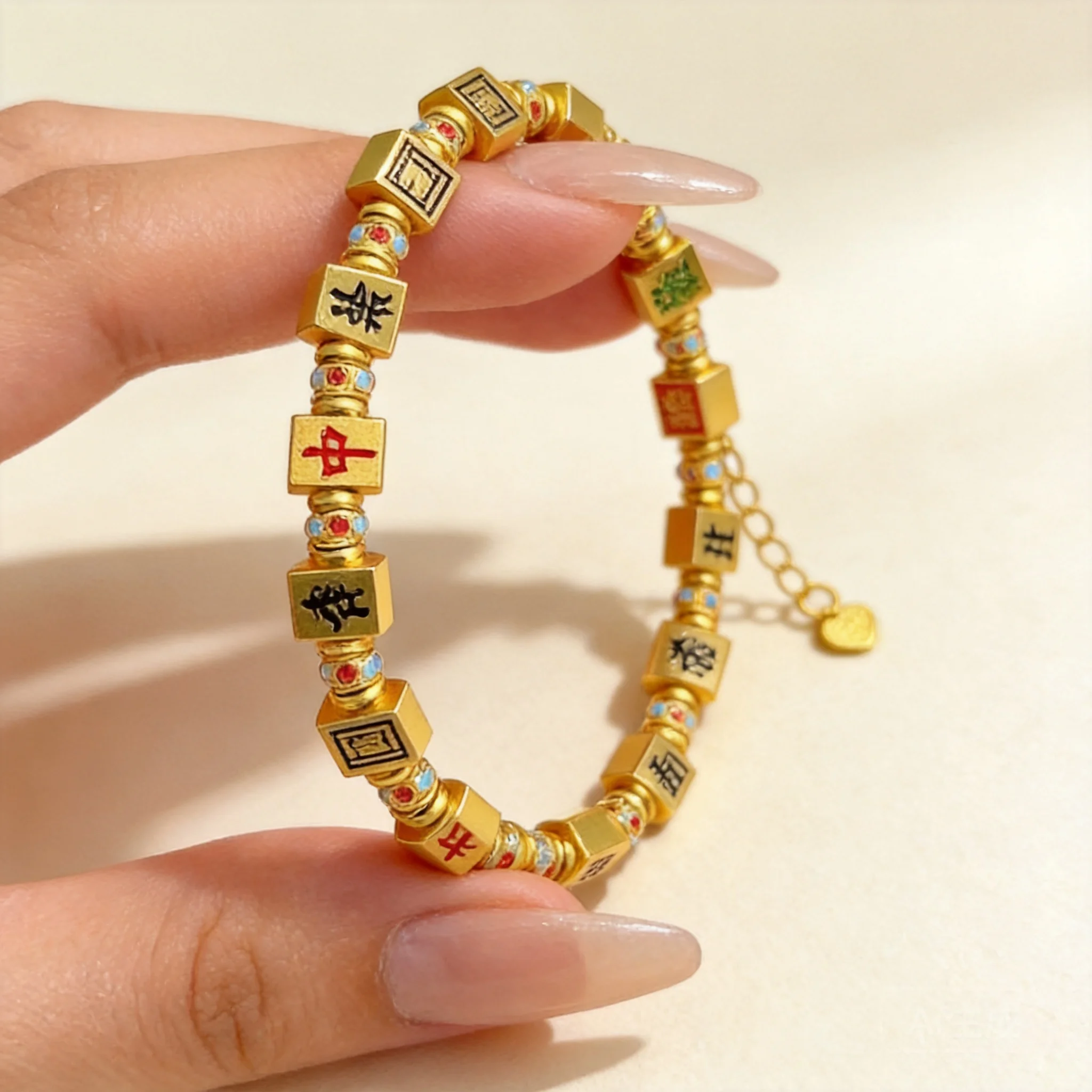 

Chinese Style Lucky Fortune Wealth Attracting Thirteen Yao Mahjong Bracelet Enamel Gold Plated Copper Adjustable Blessing Jewelr
