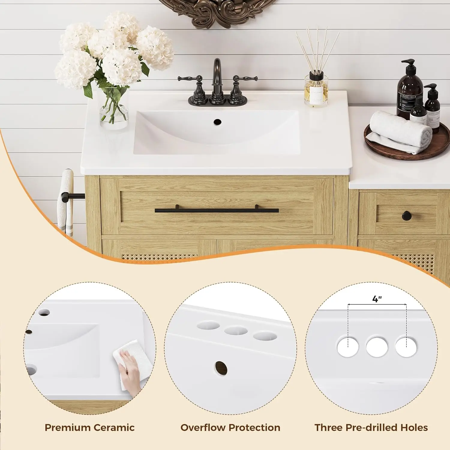 IRONCK 30-Zoll-Badezimmerwaschtisch mit seitlichem Stauraum, freistehender Badezimmerschrank mit Keramikwaschbecken, ausklappbarer Schublade und weichem C