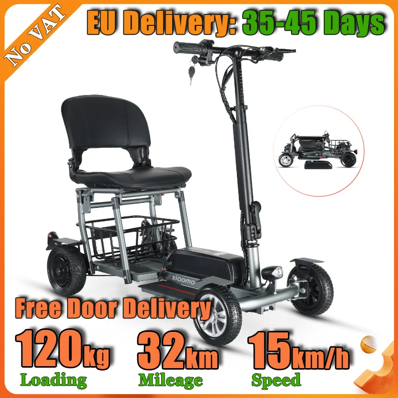 Compact Foldable Elderly Mobility Scooter Removable Li-ion Battery 32km Mileage Anti-Rollover Auxiliary Wheels LED Front Light