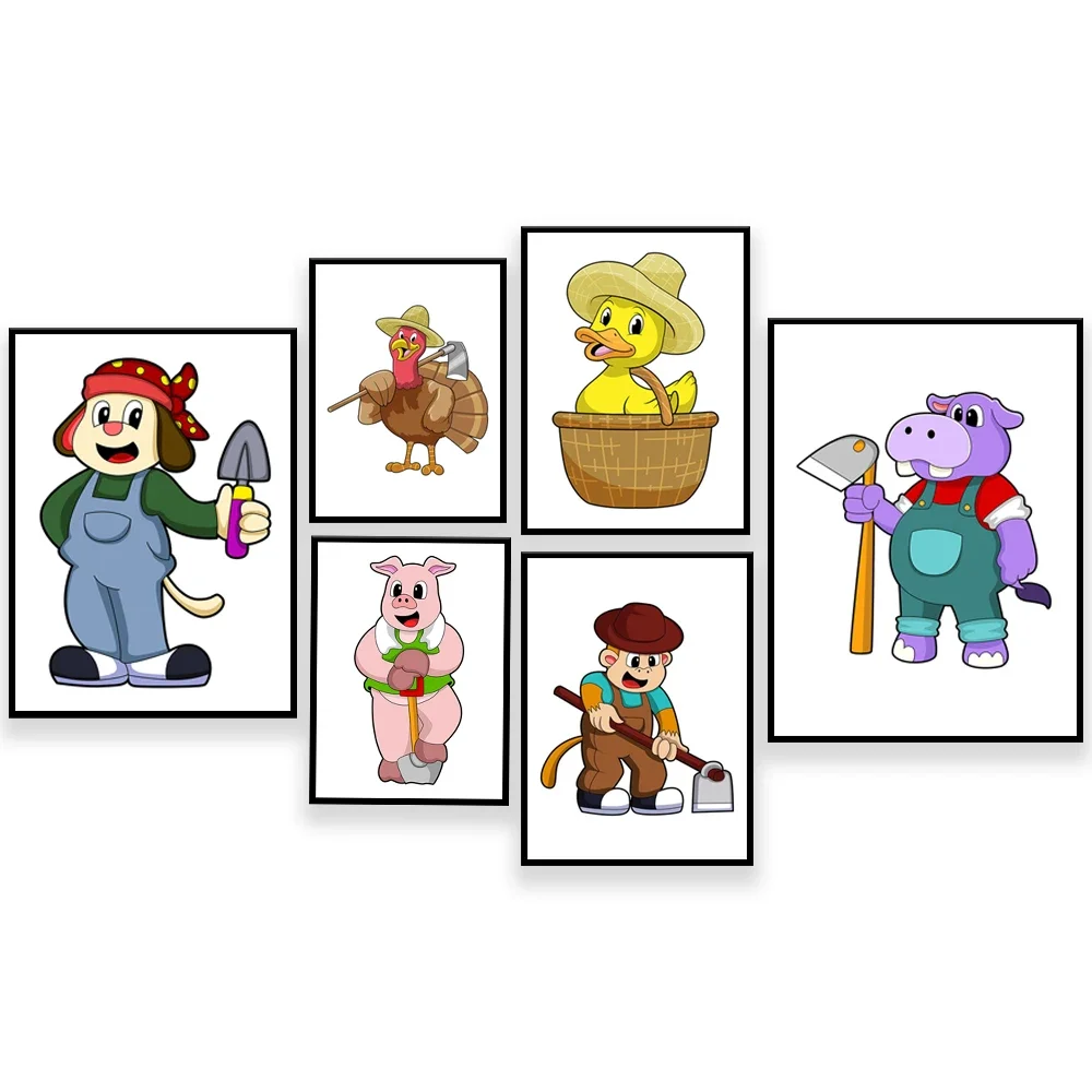 Funny animals goat farmer fisherman hat, hippo farmer garden hoe, penguin, cow farmer pitchfork, animals, farmer work poster