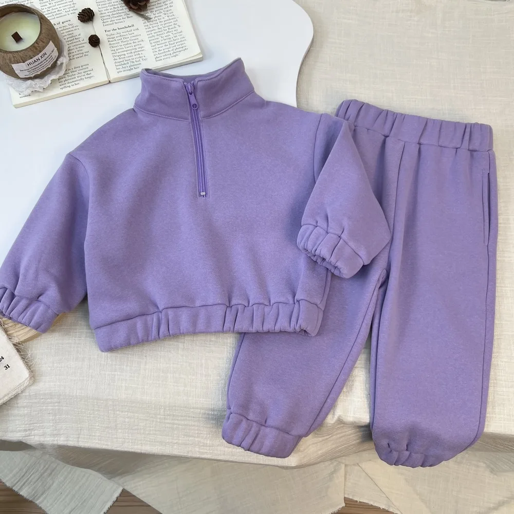 2025 Autumn Winter Boys Clothing Set Solid Color Lining Plush Thick Warm Sweatshirt+Pants 2Pcs Suit For 1-8Y Girls Casual Outfit