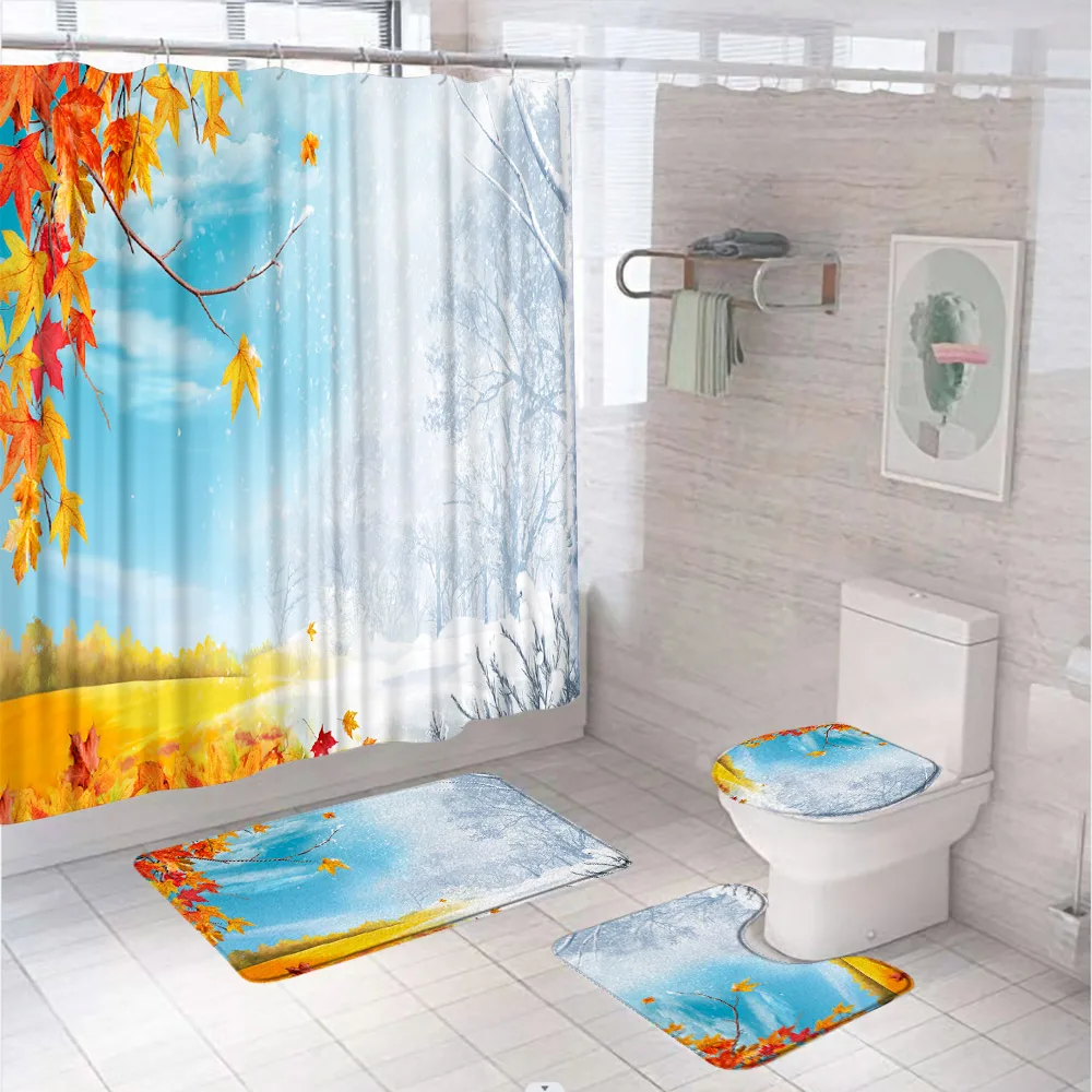 

Natural Scenery Shower Curtain Set Autumn Maple Leaves Winter Snow Forest Cedar Bath Mat Bathroom Decor Rug Carpet Toilet Cover