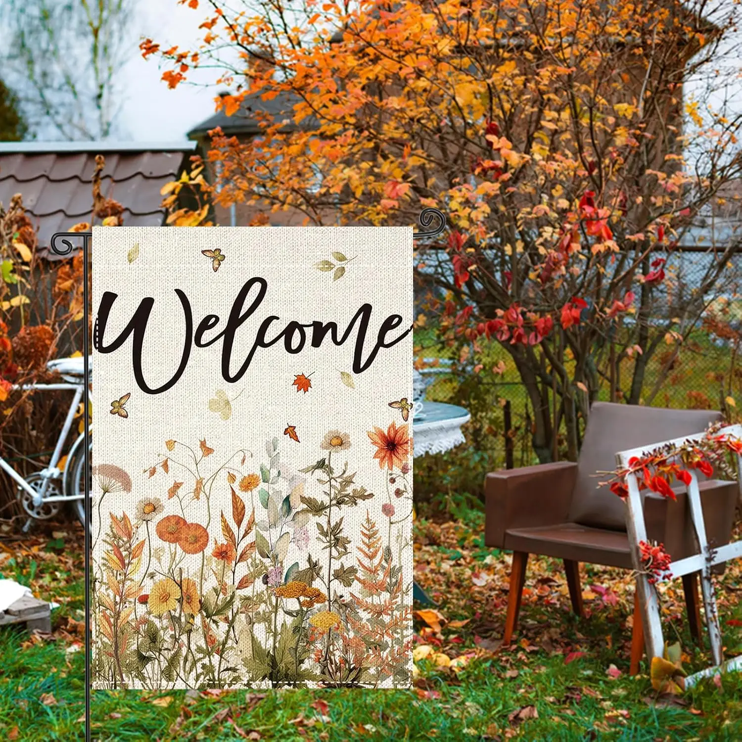 Fall Wild Flowers Welcome Garden Flag 12x18 Inch Double Sided, Seasonal Floral Autumn Rustic Harvest Yard Outdoor