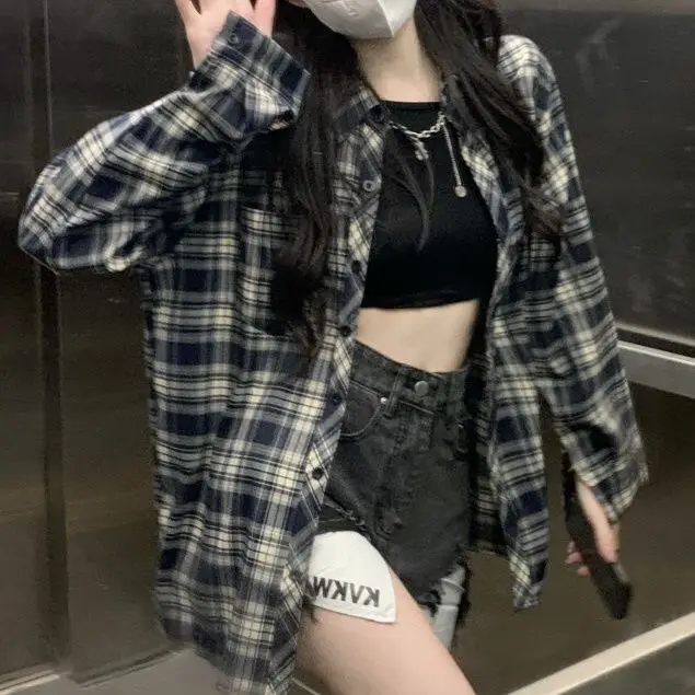 

Women's Plaid Long Sleeve Shirt Design Sensation Korean Style Early Autumn New Top Polyester Fabric Collar Button up