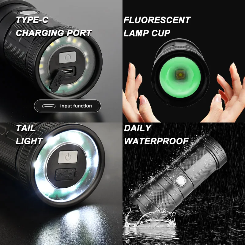 MONHNR Strong Light Zoom Multifunctional Led Flashlight Type-C Rechargeable Work Light XHP50 Rechargeable Flashlight