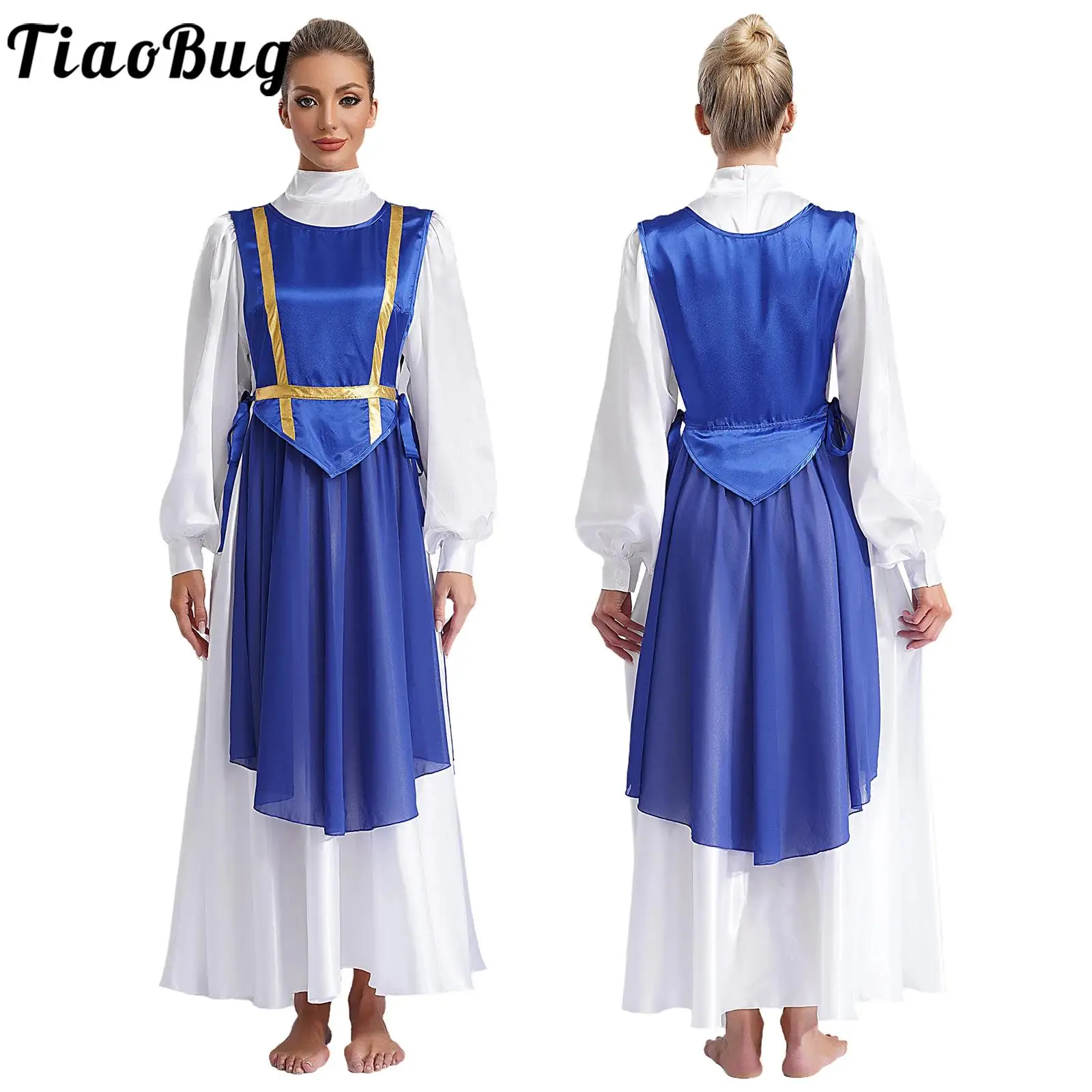 

Women Liturgical Dance Performance Costume Long Sleeve White Maxi Dress with Lace-up Sides Split Tunic Church Choir Worship Gown