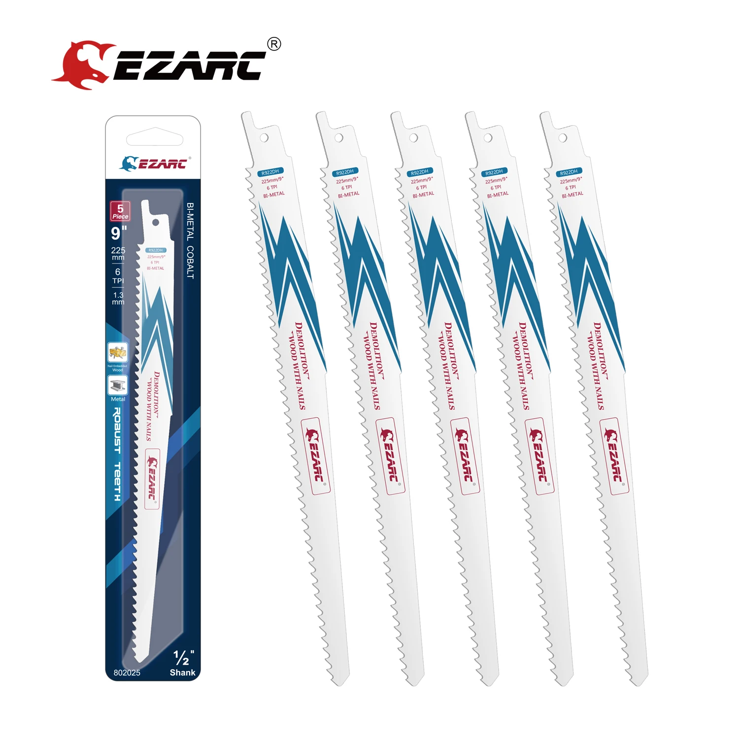 EZARC 5PCS 225mm Reciprocating Saw Blade Bi-Metal Cobalt Sabre Saw Blades for Wood Demolition 6TPI R622DH R922DH R1222DH