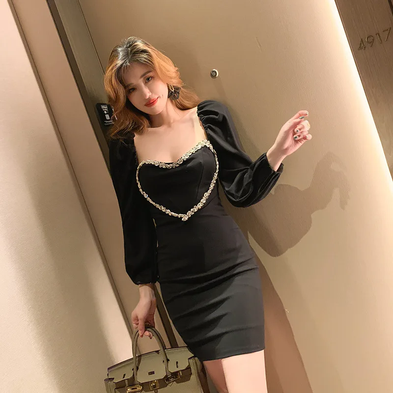 Autumn New Women's Clothing Design Sense Rhinestone Love Little Black Dress Dress Hip Wrap Dress