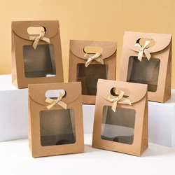 5pcs Elegant Kraft Paper Gift Bags with PVC Windows Golden Bows Portable Gift Bag for Christmas Valentine's Day Spring Festival