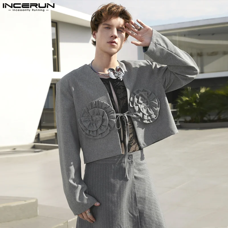 

INCERUN Tops 2024 American Style Fashionable Men Patchwork Wreath Shirt Leisure Solid Cropped Long Sleeved Cardigan Blouse S-5XL