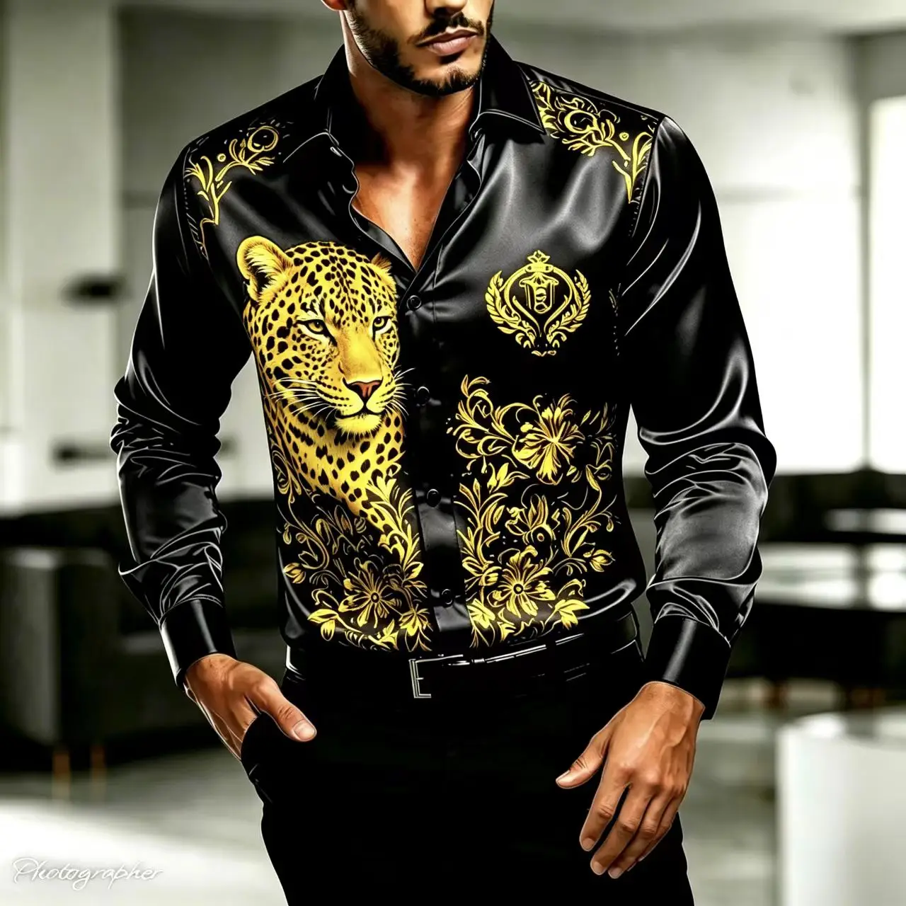 Men's Long Sleevd Shirt Wolf Leopard Baroque Printed Satin Silk Casual Button up Shirt Party Luxurious Floral Animal Top
