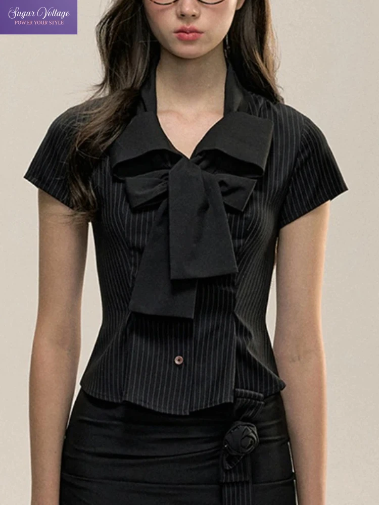 

Y2K Gothic Black Striped Blouse Women Preppy Style Bow Collar Short Sleeve Shirts for Summer Fashion Slim Fit Harajuku Crop Tops