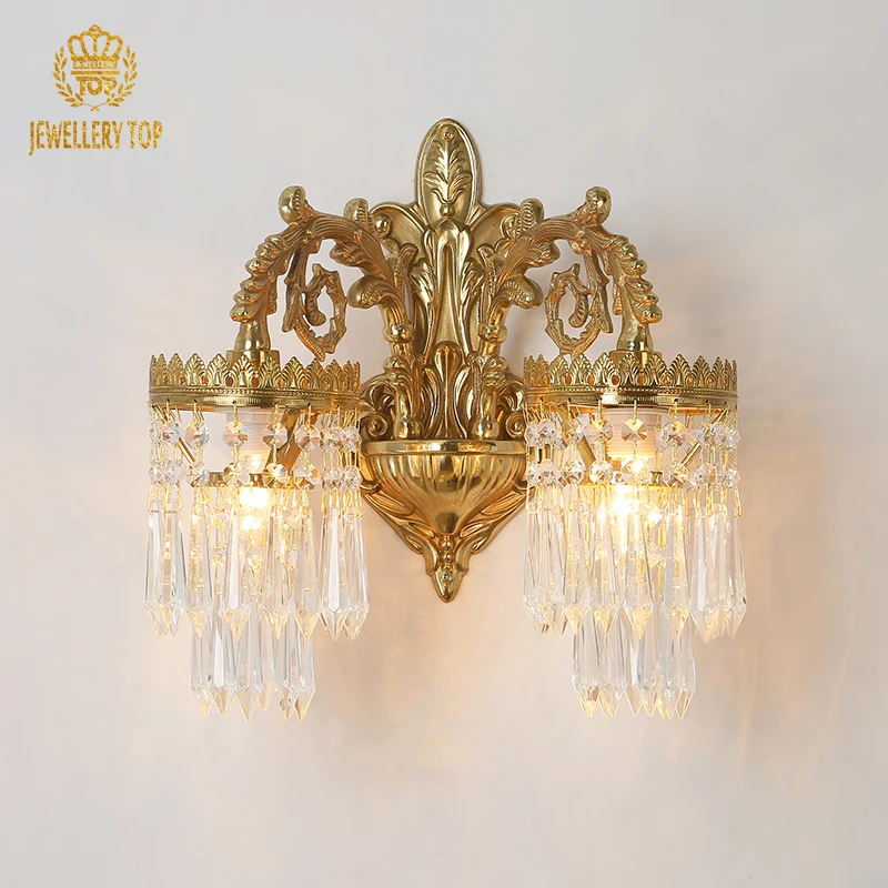 Jewellerytop Medieval Popular Antique Brass Wall Lamp Double Crown Bathroom Bedroom Crystal Decorative Wall Sconce Light