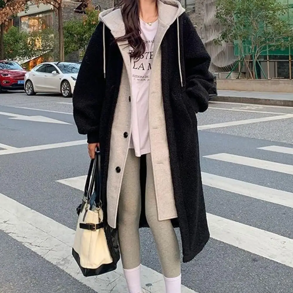 

Fake Two-piece Jacket Hooded Winter Overcoat Stylish Women's Winter Coat with Hood Colorblock Design Plush Warmth Knee for Cold