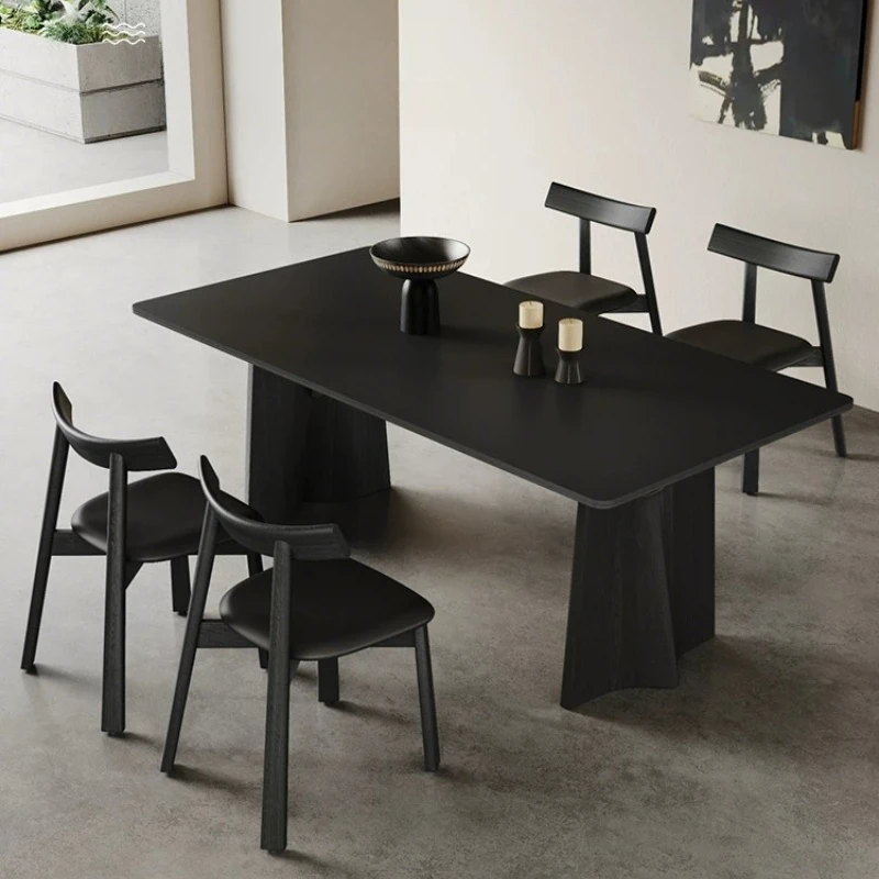 YJQ retro black rock slab dining table and chairs small apartment home modern simple French rectangular solid wood dining table