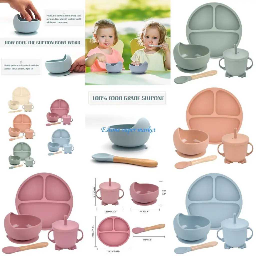 

090B 4 Pcs Baby Silicone Divided Dinner Plate Suction Bowl Spoon Straw Cup Set Training Feeding Utensil Dishes