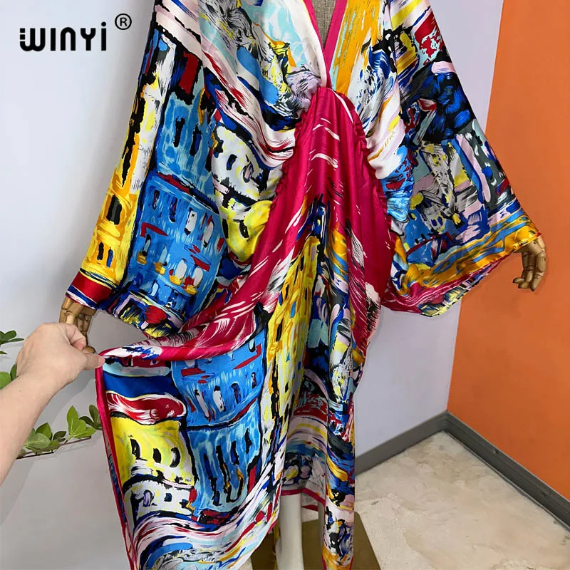 2023 WINYI Sexy Beach High-Quality Silk Feel Fashion Print Maxi Women's Robes Long V-Neck Bohemian Dress Party Evening Dress