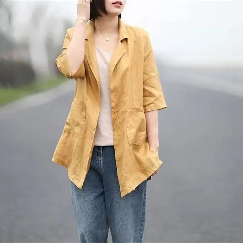 Retro Button Cotton Linen Suit Jacket Female 2024 New Women\'s Spring summer Autumn Casual Coat Tops Thin Fashion Suit Coat