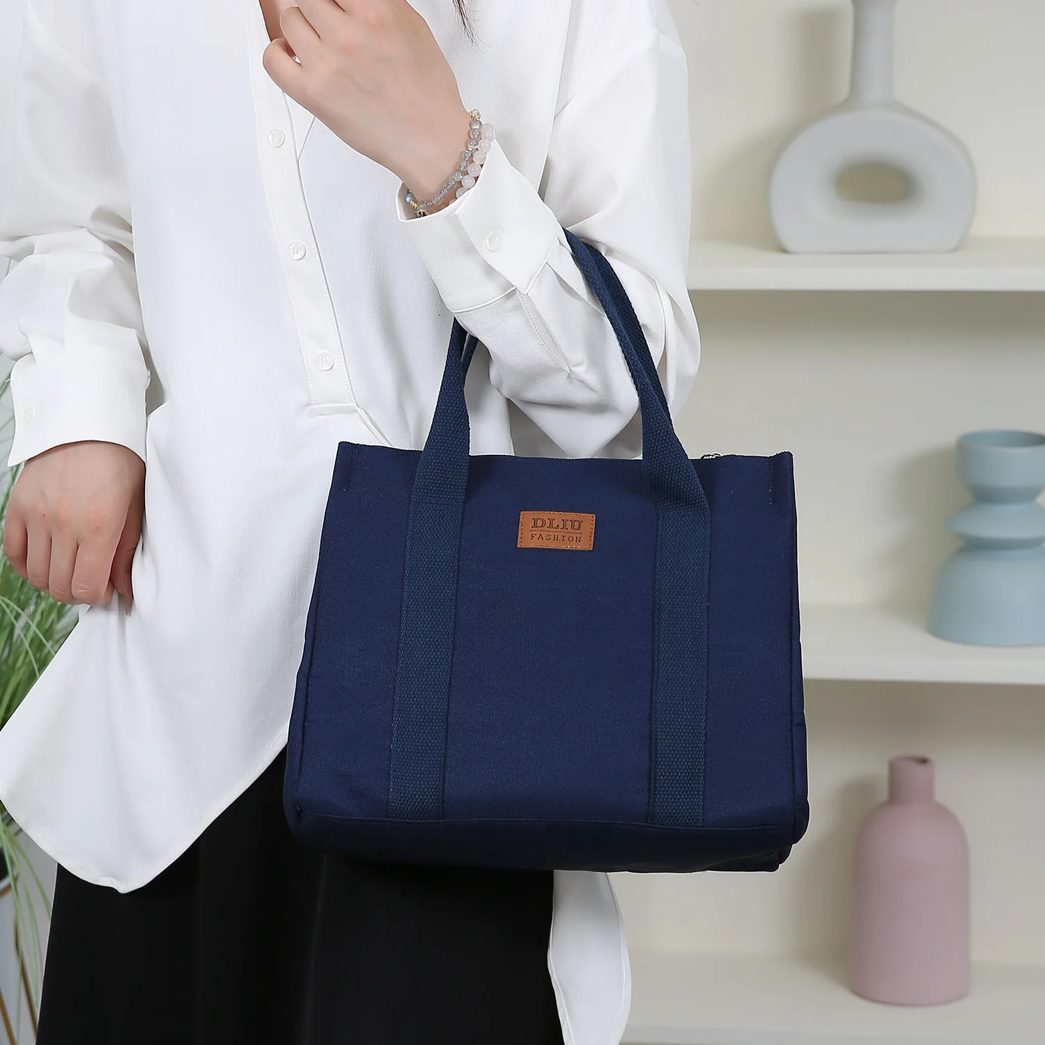 حقيبة غداء بلون موحد، حقيبة حمل مع سحاب داخلي من رقائق معدنية، سعة كبيرة محمولة، للعمل، المدرسة، حقيبة أدوات مع وجبات #3