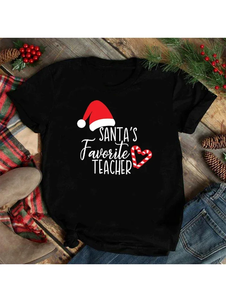 New years gift Christmas present Santa Hat Candy Cane Heart Print Graphic T Shirts Santa's Favorite Teacher Print Women T-shirt