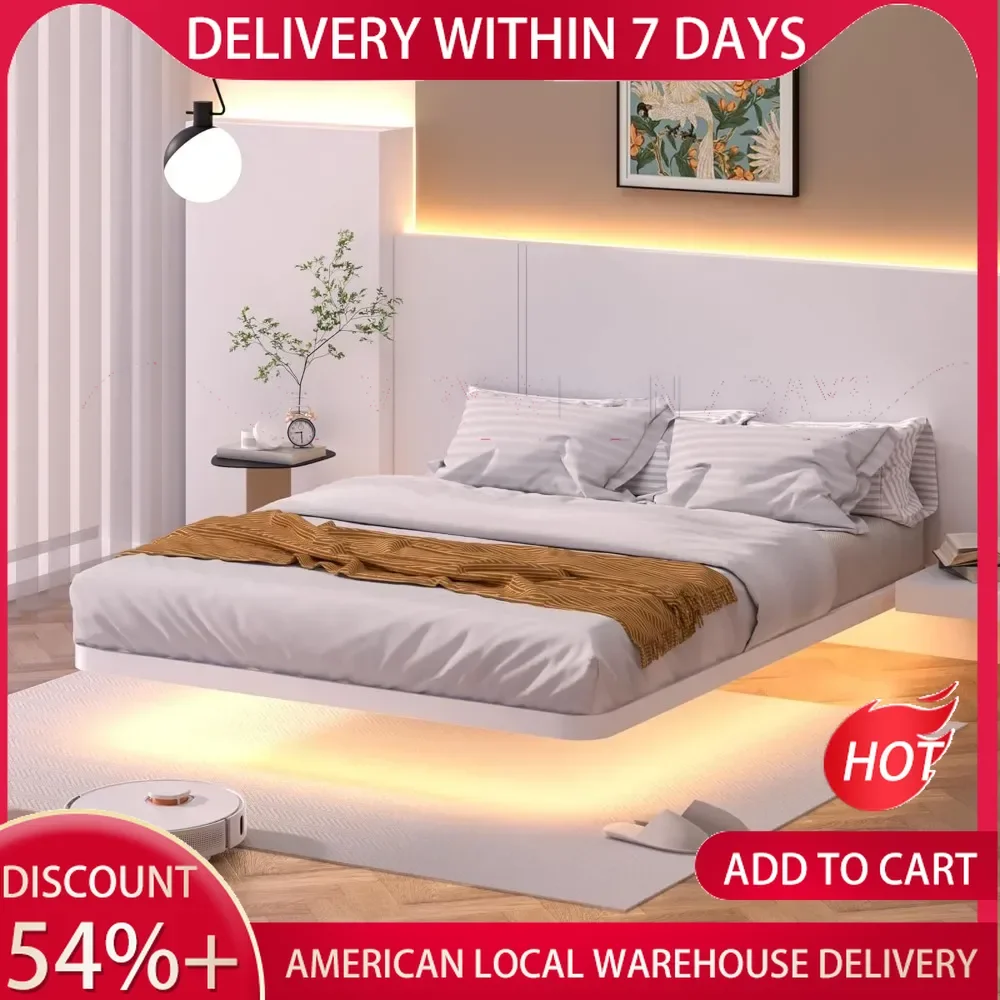 White Floating Bed Frame Queen with LED Lights, 10.8