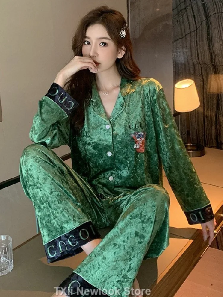 Crucii-Pyjama en Velours Vert localité pour Femme, Ensemble Coréen, Col en V, Haut de Gamme, Nouvelle Collection Automne et Hiver