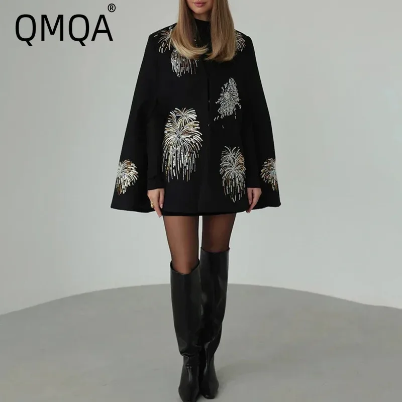 QMQA Fashion Women's Fireworks Embroidery Design Cape Jackets Round Neck Shawl Sleeve Loose Patchwork Sequins Fashion Coats A888