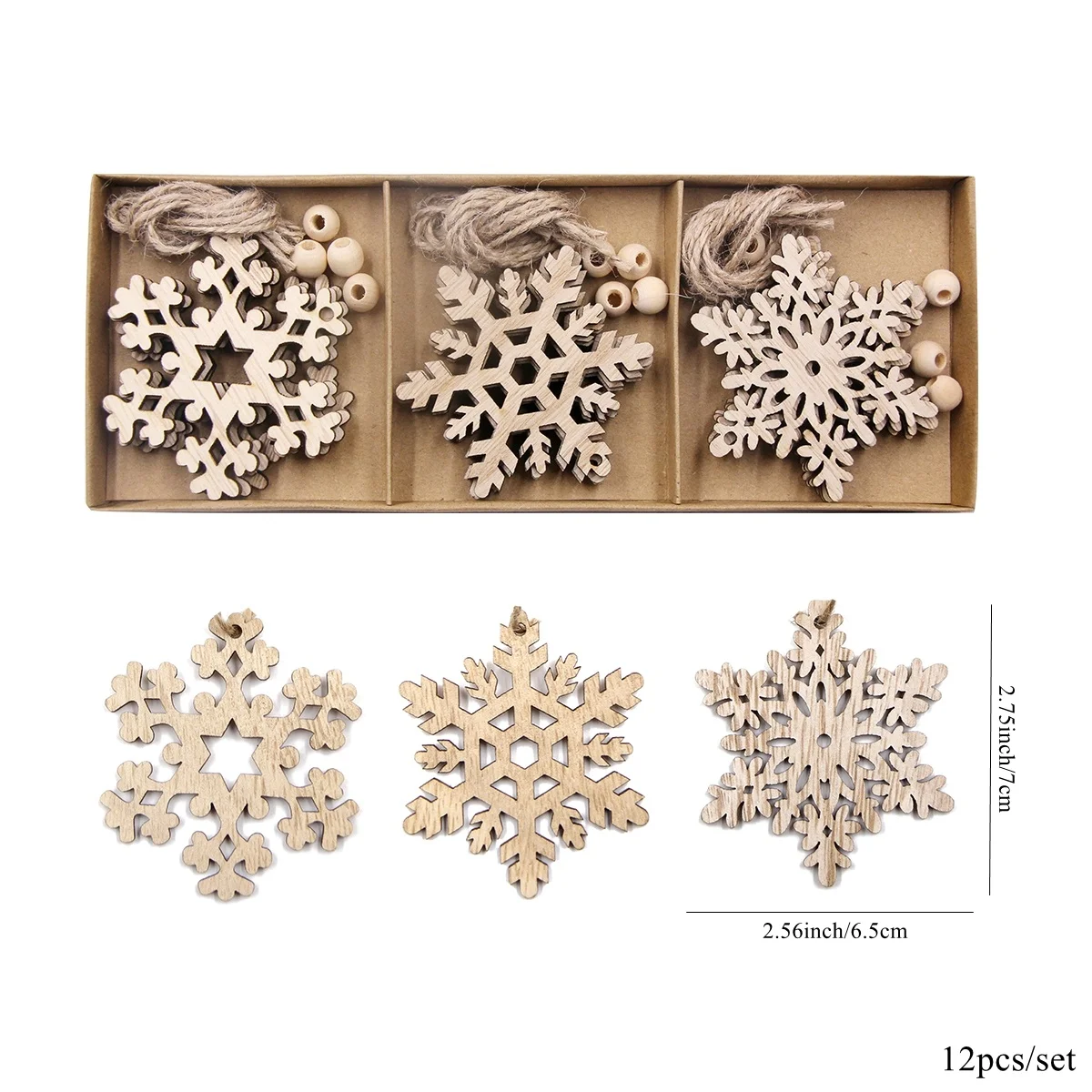 12PCS/Box Wooden Snowflake Crafts Vintage Pendants Xmas Hanging Ornaments for Noel Tree Decorations Kids DIY Painting Gifts