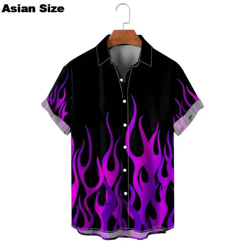 025 Fashion Beach Vacation Lapel Shirt Men's Summer Button Up Shirt 3D Flame Printed Shirt Hawaiian Casual Short Sleeved Shirt