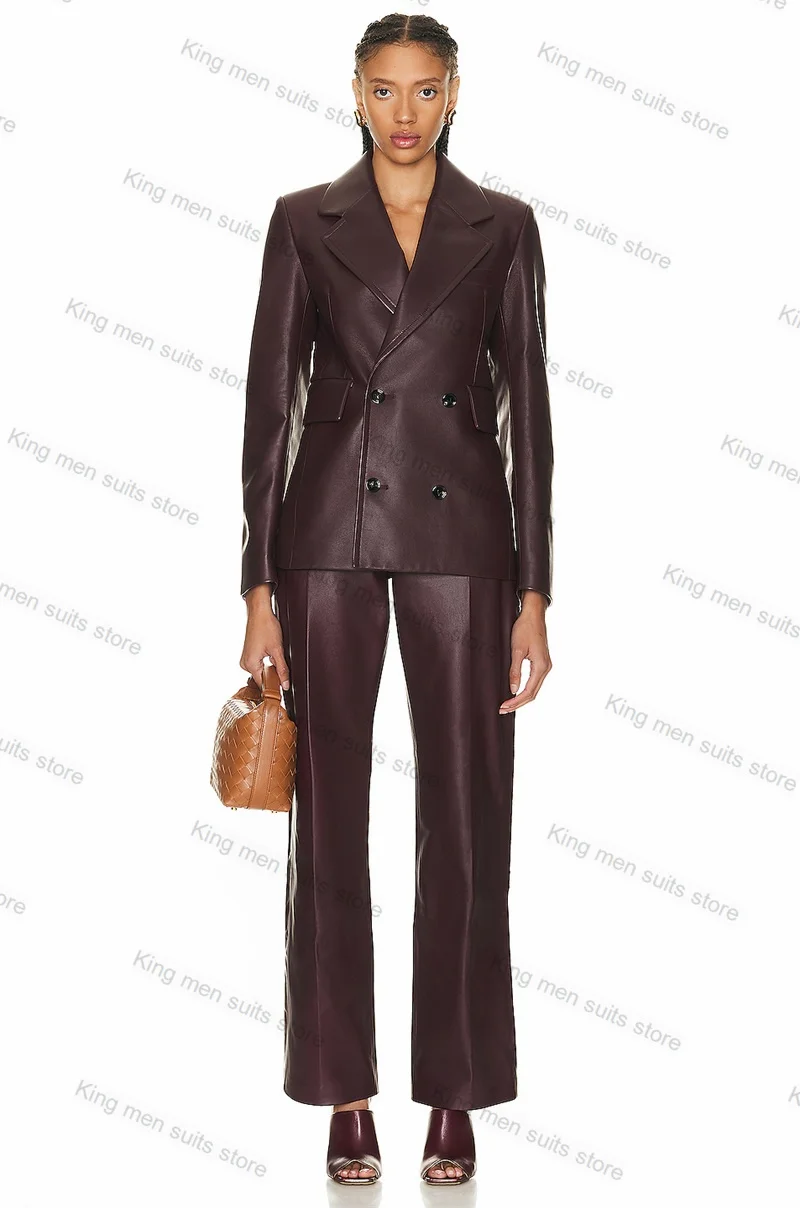 

Brown PU Leather Women Suit Pants Set 2 Piece Blazer+Trousers Customized Formal Office Lady Double Breasted Jacket Prom Coat